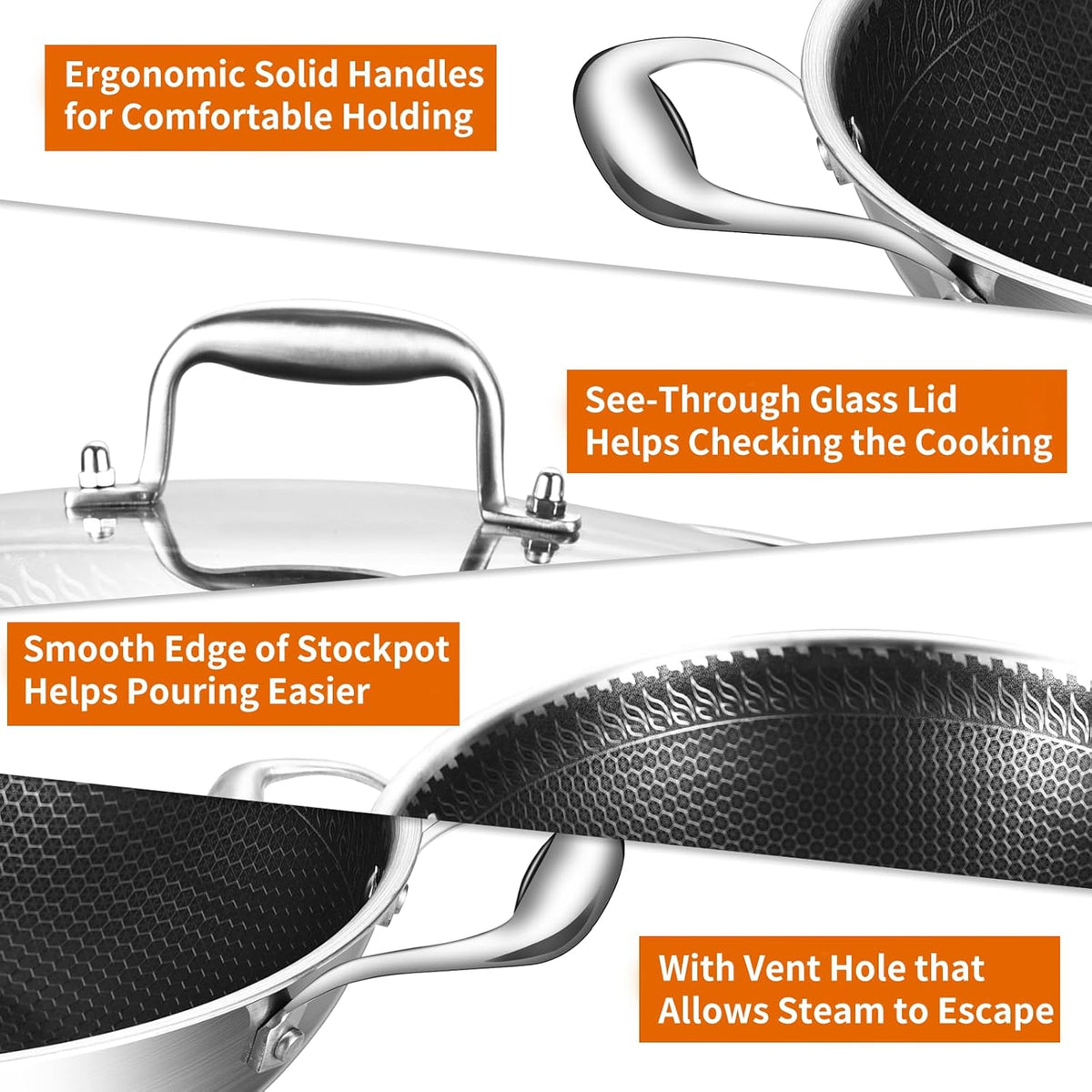 DELARLO Wok Pan With Lid 12 Inch Non stick wok,Oven Safe Up to 600℉,Woks & Stir-Fry Pans Nonstick,Tri-Ply Stainless Steel Wok, 5QT Nonstick Deep Frying Pan, Induction Saute Pan With Lid