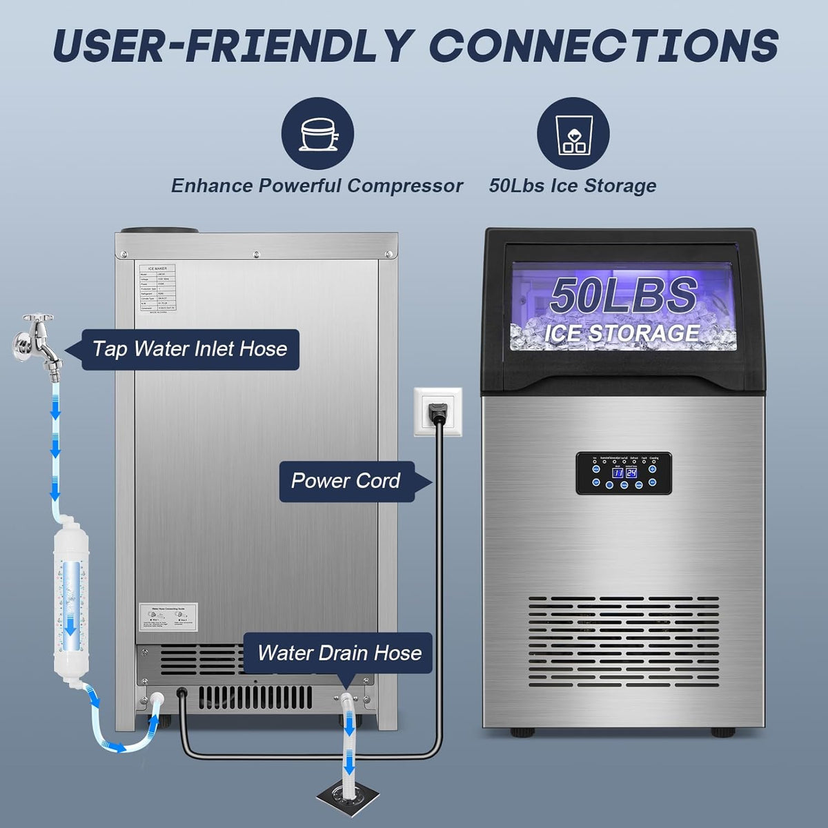 【150LBS/24H + 55 Ice Cubes/10-15 Mins】 Commercial Ice Maker - 50LBS Storage, Stainless Steel, Self-Cleaning for Home Bar Outdoor
