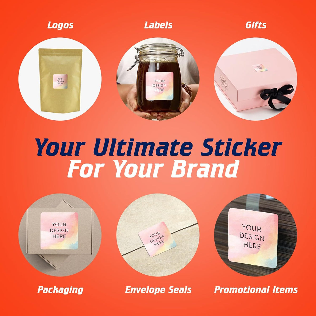 100 Custom Vinyl Stickers - Upload Your own Image, Text, Design, Logo - Personalized Logo Labels for Handmade, Packaging, Bottle, Jars, Candle, Brand Stickers (Watercolor Square, 2x2)