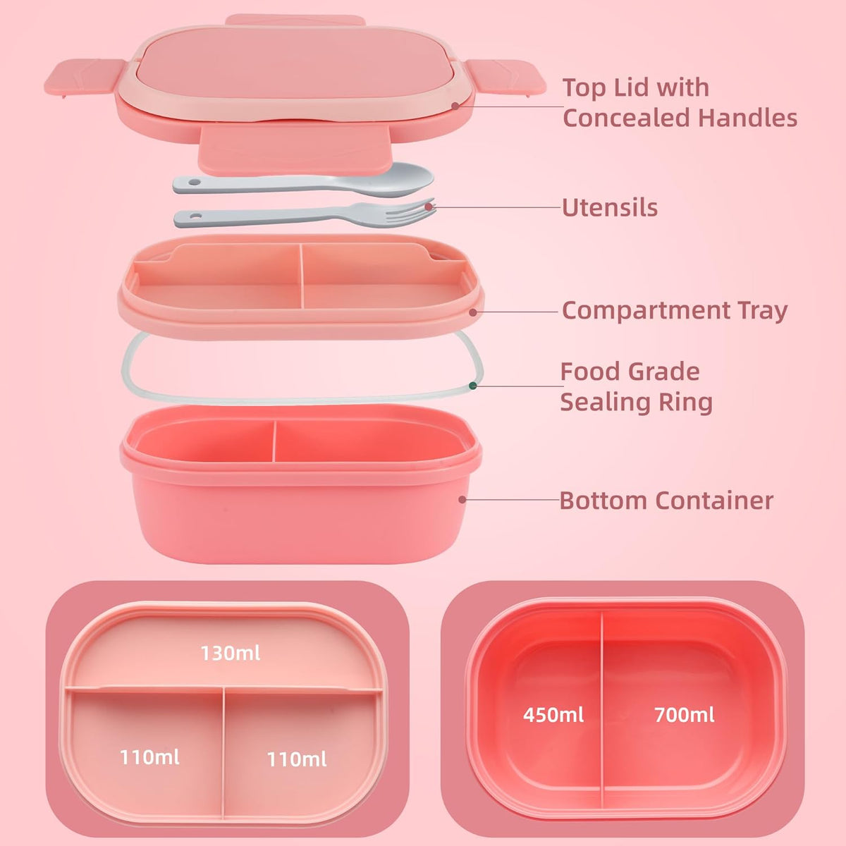Bento Box Adult Lunch Box with Hidden-Handle, Leak-Proof Lunch Containers for Women & Girls, 2-Layer 5-Compartment 6 Cup with Utensils, Pink
