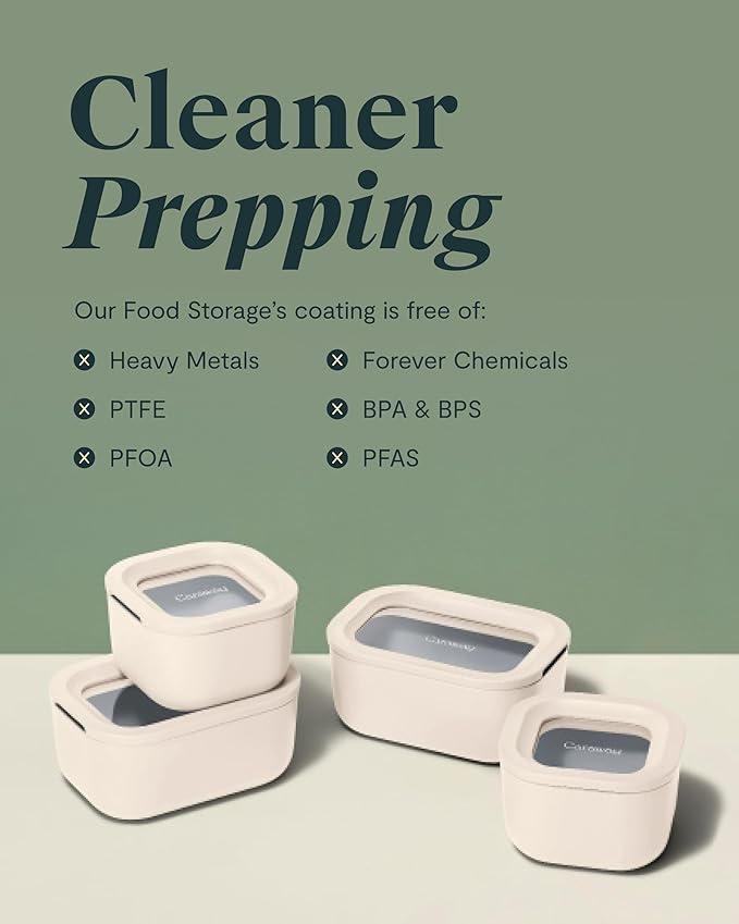 Caraway 2pc Glass Food Storage Set - 1.75 Cup Food Containers (2) - Non-Toxic Ceramic-Coated Glass - Air Release Technology - Compact & Stackable Design - Cream