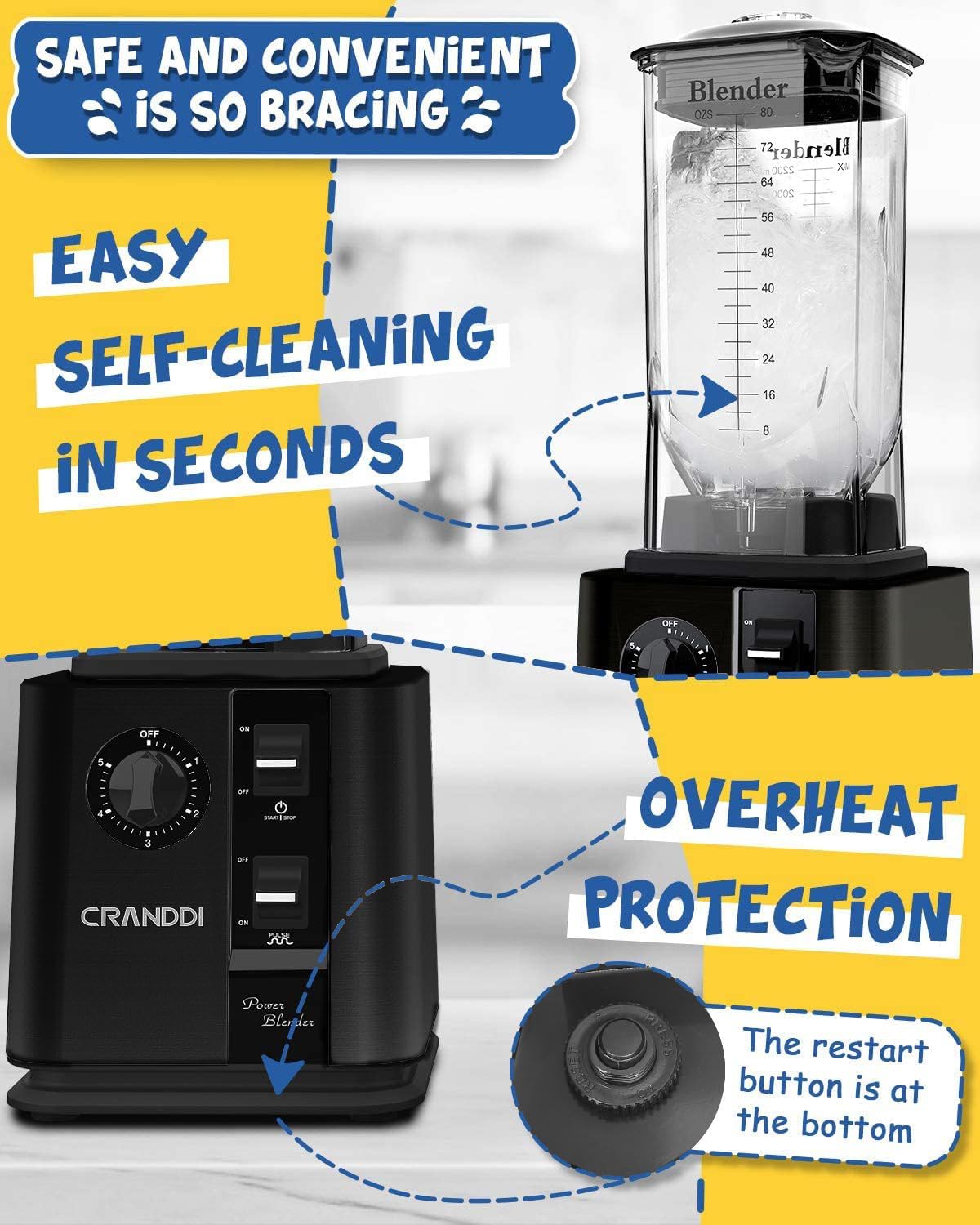 CRANDDI Commercial Blenders 1800W, 80oz Professional High-Speed Countertop Blenders for Smoothies, Self-Cleaning, Come with Tamper and 20oz to-go cup, K95 (Black)