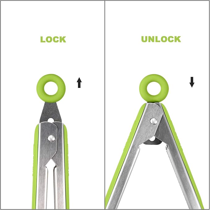 304 Stainless Steel Kitchen Cooking Tongs, 9" and 12" Set of 4 Sturdy Grilling Barbeque Brushed Locking Food Tongs with Ergonomic Grip, Green