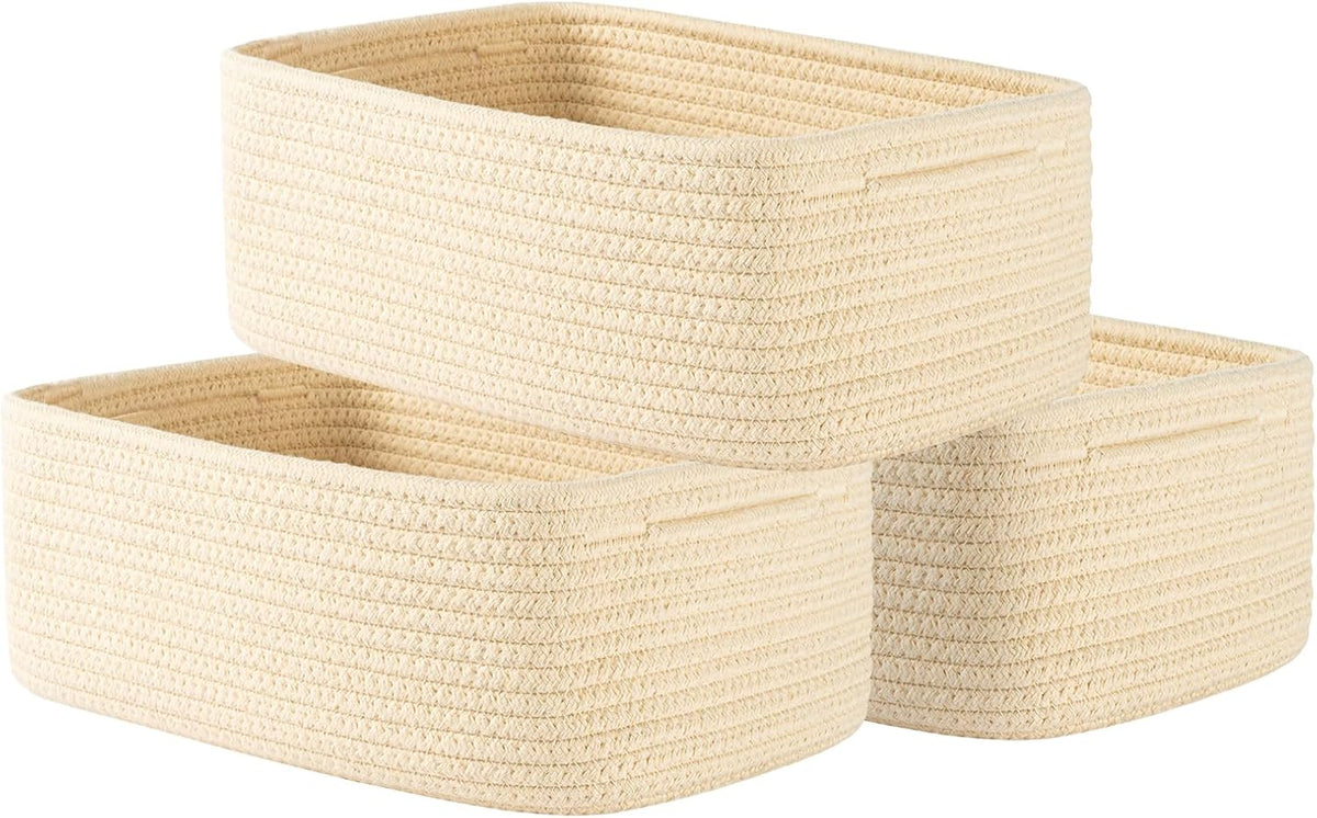 Small Woven Basket, 12 x 8 x 4.5 Inches, Storage Basket for Organizing, Cute Small Rope Shelf Closet Cube Storage Bins Baskets for Shelves, Dog Toy Gift Baskets Empty, 3 Packs, Beige