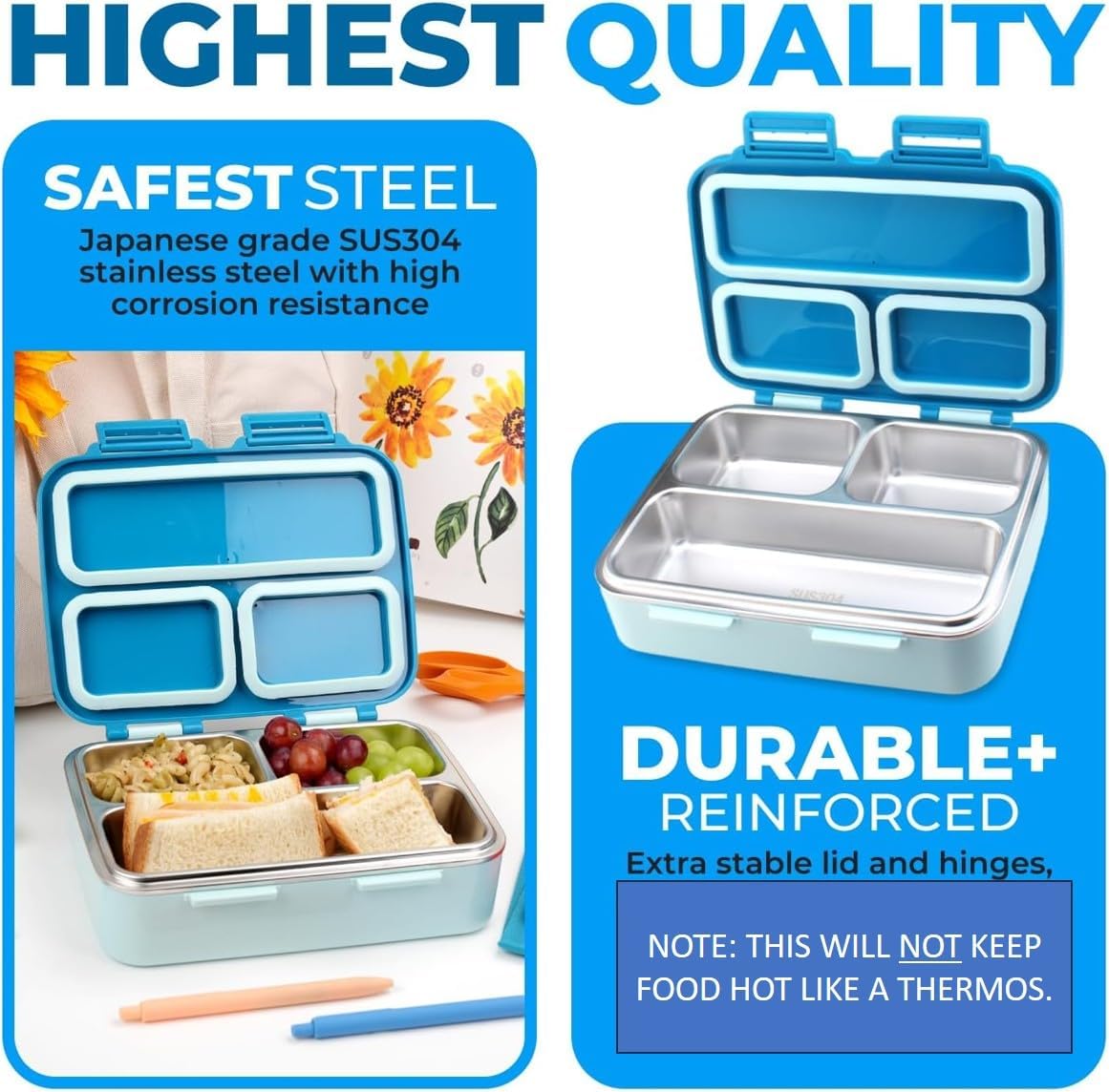Stainless Steel Heavy Duty Bento Box Lunch Container for Older Kids, Teens, Adults with Removable Tray, Leakproof Silicone Seals, BPA Free 26 oz/790 mL (Blue)