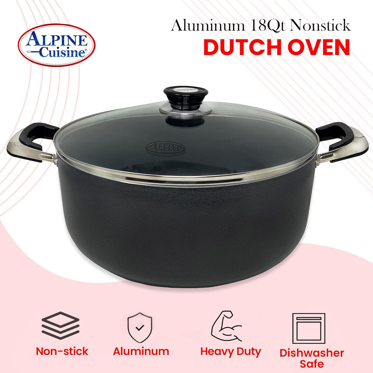 Alpine Cuisine 18 Quart Non-stick Stock Pot with Tempered Glass Lid and Carrying Handles, Multi-Purpose Cookware Aluminum Dutch Oven for Braising, Boiling, Stewing