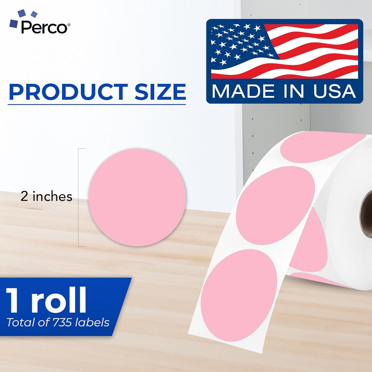 Perco Pink 2-Inch Perforated Circle Dot Thermal Sticker Labels — 735 Stickers/Roll, Direct Thermal Printer Compatible—with Permanent Adhesive for Organizing, Color Coding, Bin Labeling—Made in USA