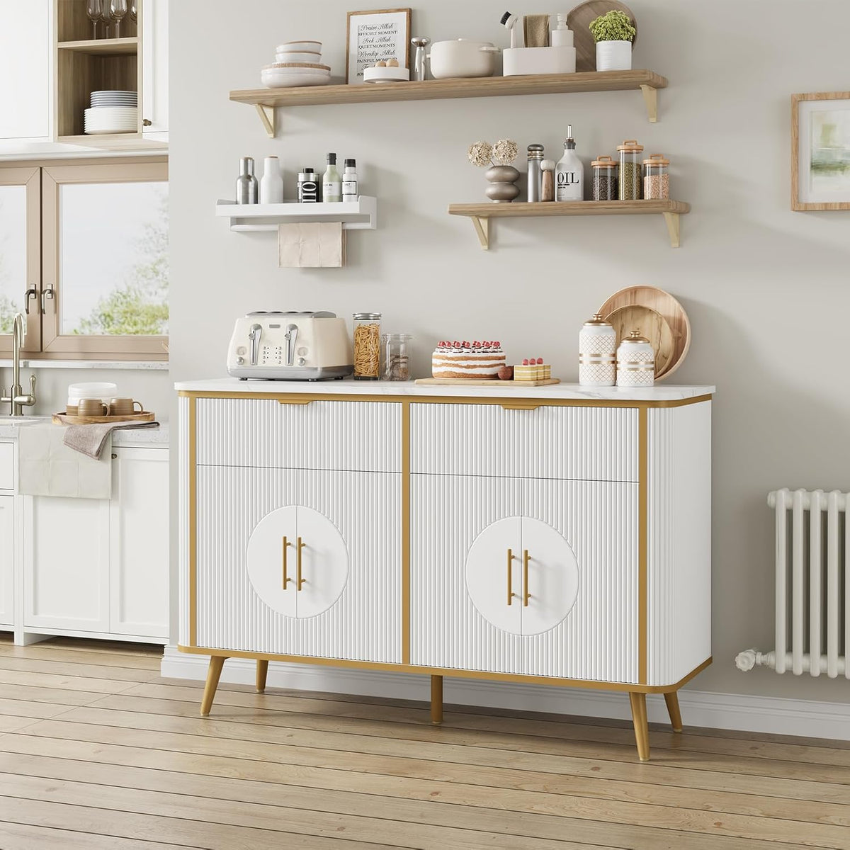 47.2" Buffet Storage Cabinet, Modern Fluted Coffee Bar Station with 2 Drawers & Adjustable Shelves, Kitchen Sideboard Buffet for Dining Room, Living Room, Hallway, White