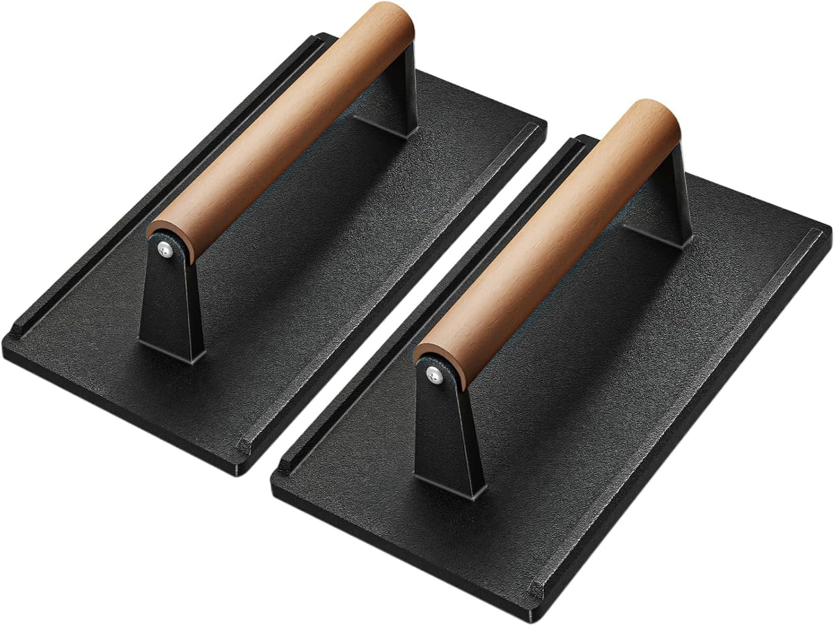 Yoehka Cast Iron Grill Press-2PCS, Heavy Duty Bacon/Burger/Griddle/Chef Press with Wood Handle, Perfectly Grilled Steak,Meat,Sandwich,Panini, 2.25lbs Cooking Weight,Rectangle(8.27"×4.25"×3.35”in)