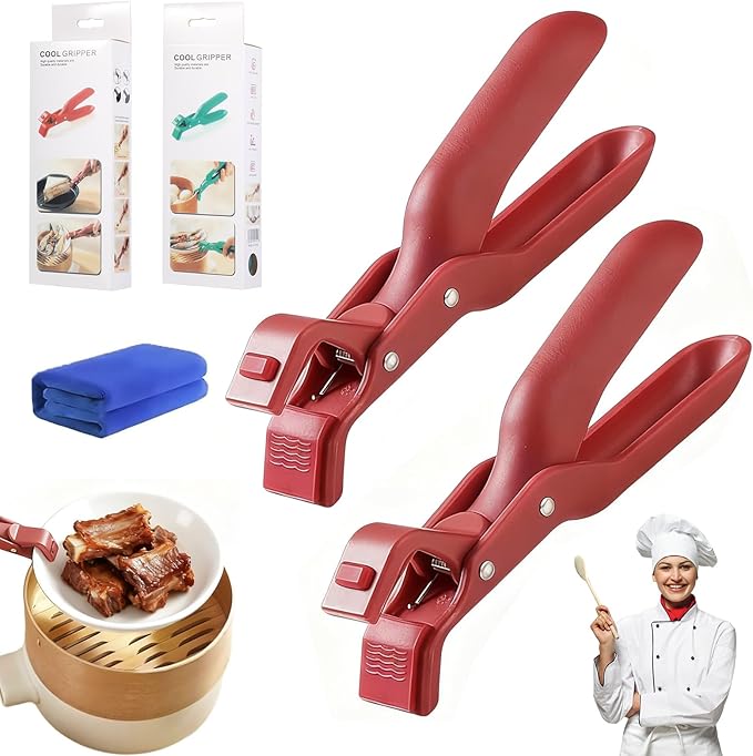 2Pc Hot Plate Gripper Tongs, Silicone Non-Slip Kitchen Utensil, Heat Insulation Anti-Scald Bowl Holder Clip for Cooking (Red + Red)