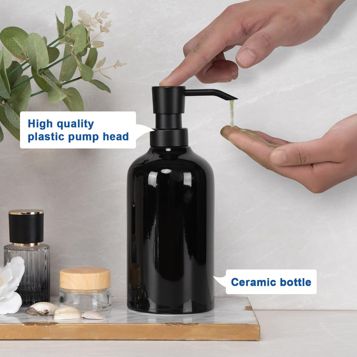 Ceramic Black Soap Dispenser Bathroom, 16.9oz Hand Soap Dispenser for Kitchen, Hotel
