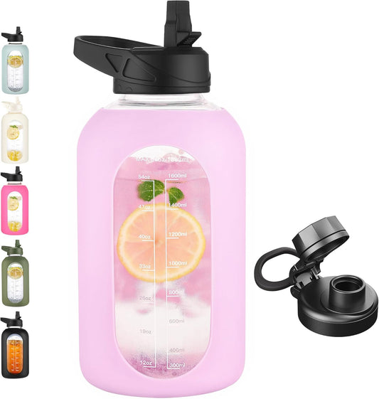 CIVAGO 64 oz Glass Water Bottle Jug with Straw and Handle, Half Gallon Sports Motivational Water Bottle with Time Marker, Wide Mouth Flask Canteen with Silicone Sleeve for Gym, Lavender