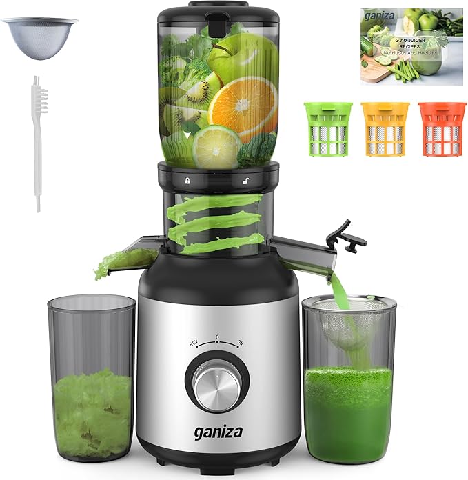 Ganiza Cold Press Juicer, 4.3" Compact Space-Saving Design Juicer Machine with 3 Replaceable Filters, One-Touch & Ultra-Quiet Operation, BPA-Free Easy to Clean, Silver