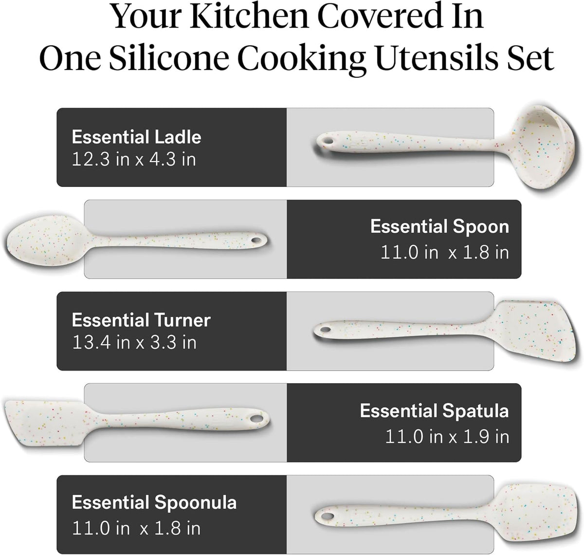 GIR: Get It Right 5-Piece Silicone Essentials Kitchen Utensils Set - Ladle, Spatula, Flip, Spoon & Spoonula - Non-Toxic Cooking Utensils for Nonstick Cookware, Cooking and Baking - Party Confetti