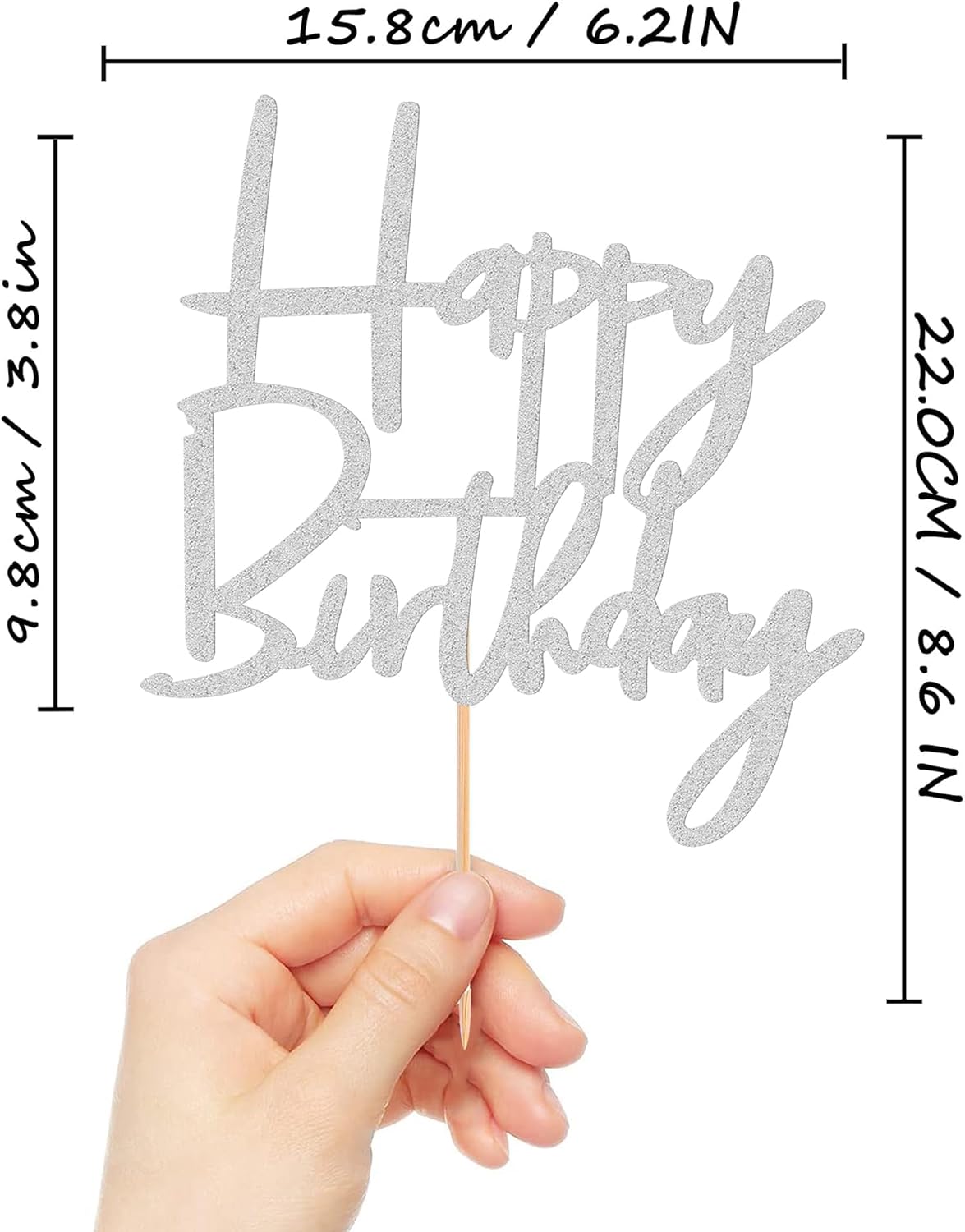 Happy Birthday Cake Topper - Glitter Silver Birthday Cake Top Decorations (Silver)