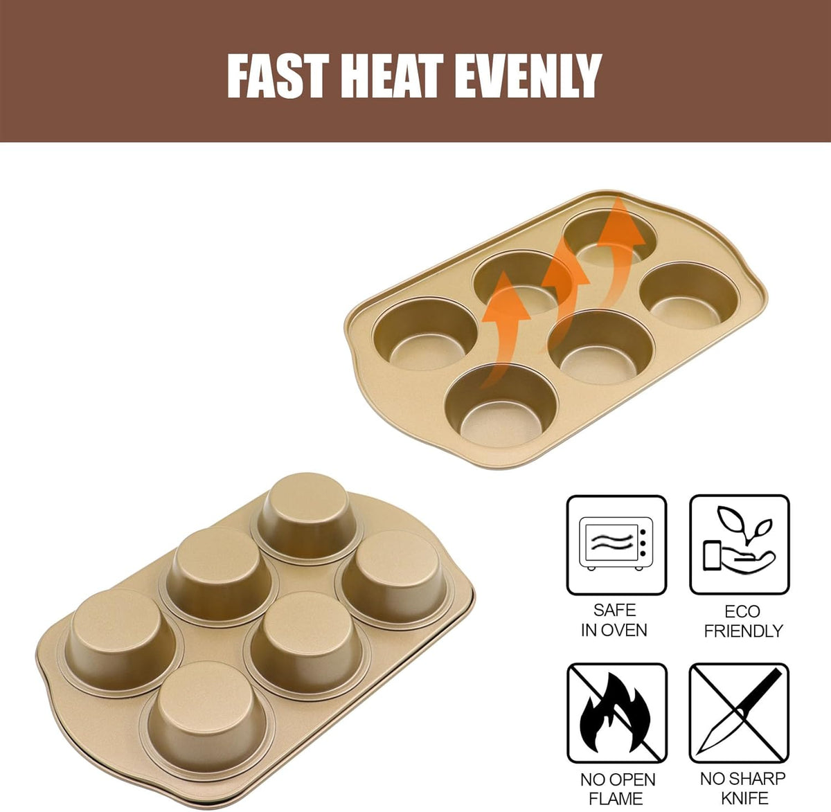 Nonstick 6 Cup Standard Muffin Pan, Cupcake Pan Set, Muffin Tins for Oven, 2 Pack, Gold