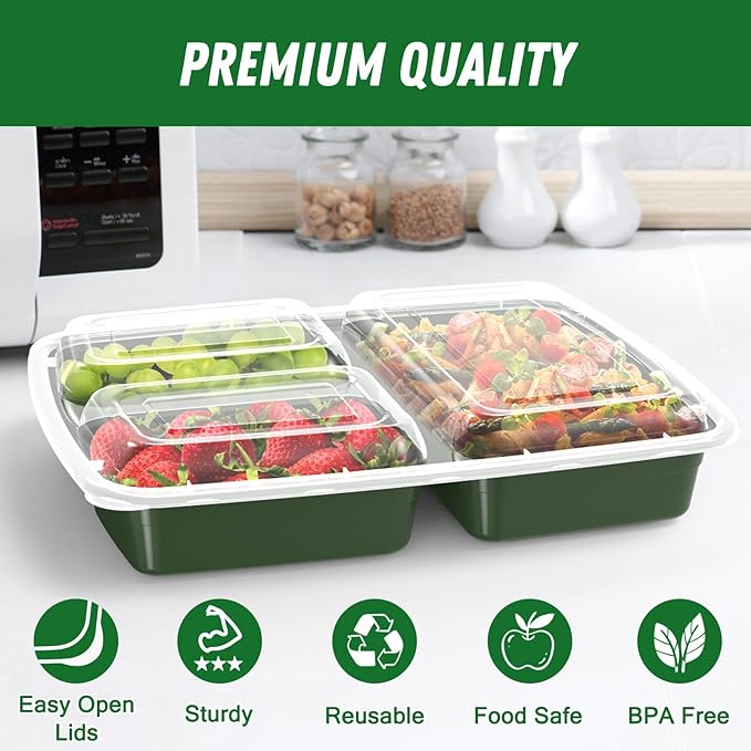 50 Pack (100-Piece) 32 oz Meal Prep Containers Reusable with Lids 3-Compartment, To Go Take Out Plastic Food Storage Containers, Sturdy Leakproof Food Safe, Microwave Freezer Dishwasher Safe, Green