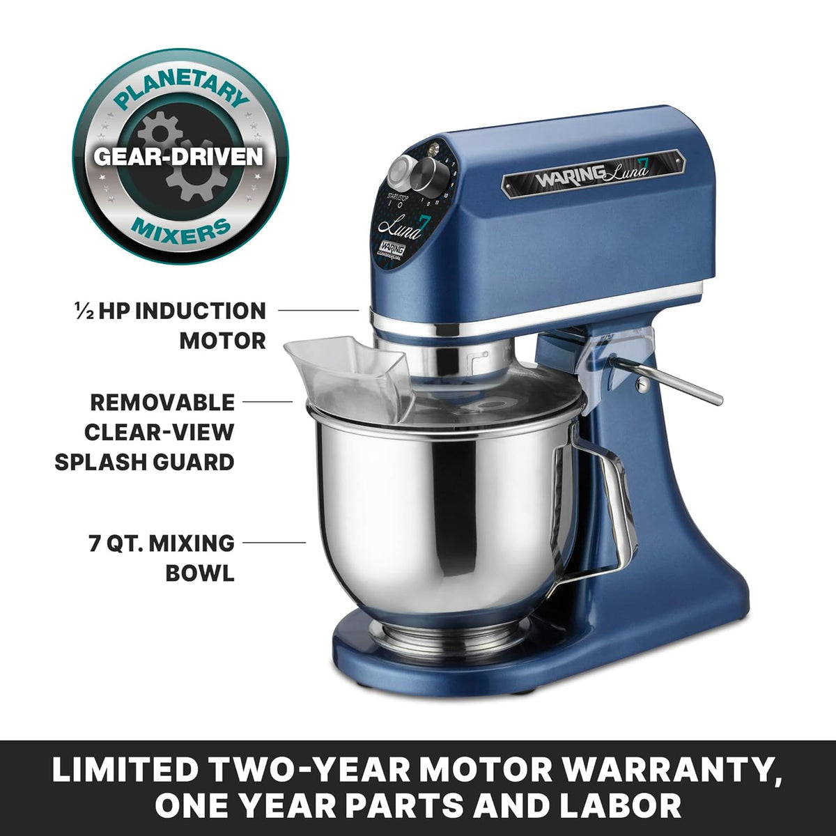 Waring Commercial Planetary 7 Quart Large Stand Mixer | Tilt Head | Countertop Chef Professional Restaurant Industrial Grade | Stainless Steel Bowl | Bakery Bread Dough | WSM7L | 1/2 HP 120V, Blue