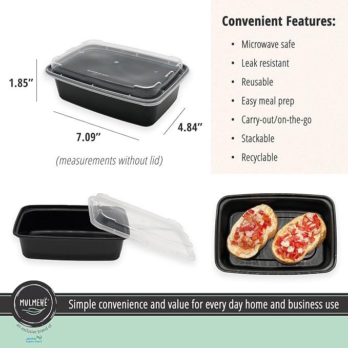 MULMEHË Plastic Food Storage Take-Out Container and Lid Combo, 24 oz, Microwaveable, Rectangular, Black, 7x5x2”, Set of 150