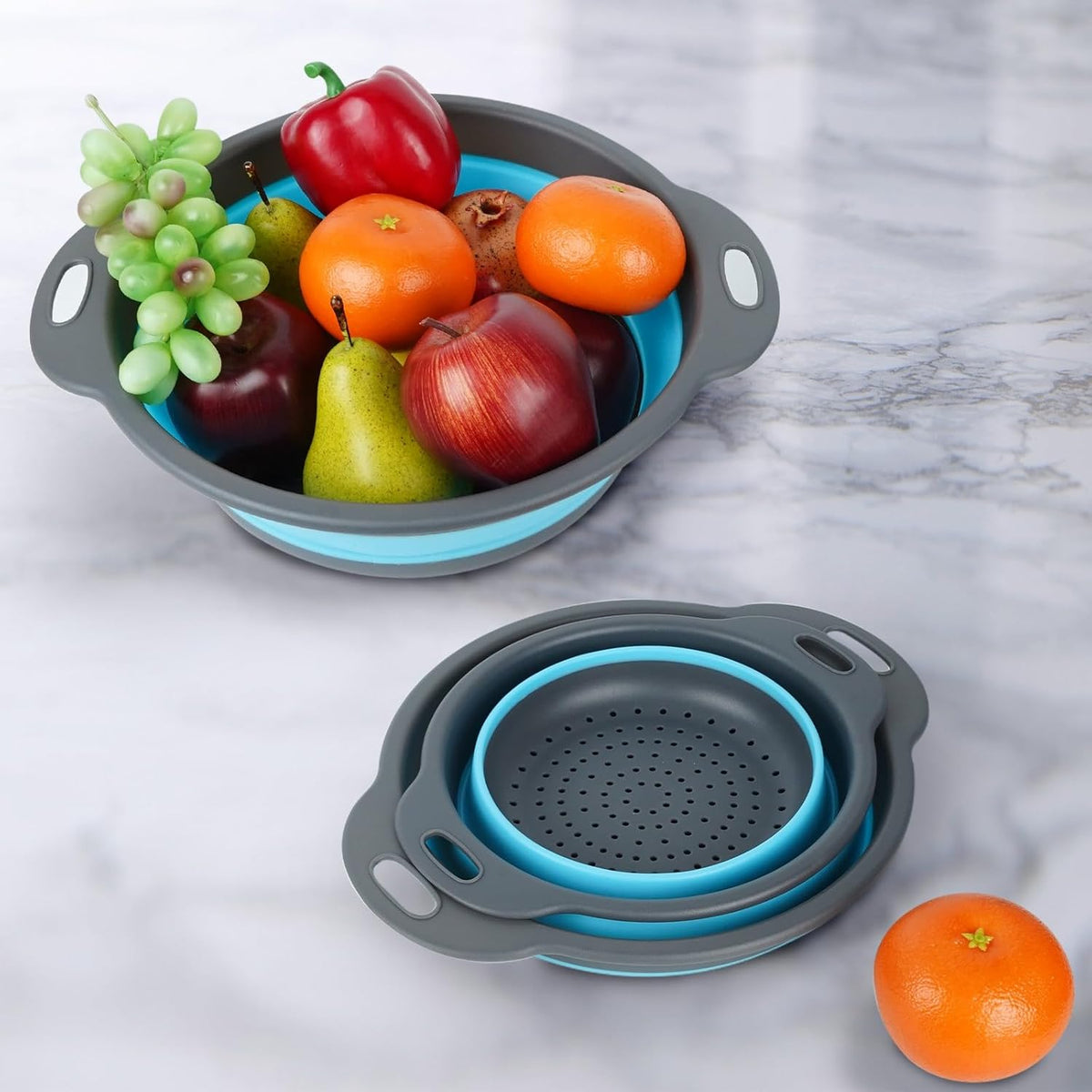 Collapsible Colander 3-Pack Set Space-Saving Foldable Kitchen Strainer with Non-Slip Base Durable Thickened PP+TPE Collapsible Strainers for Pasta, Vegetables, Fruits (Gray-Blue)
