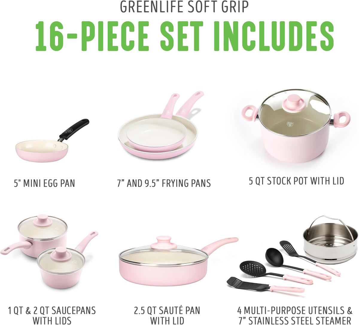 GreenLife 16 Piece Nonstick Cookware Set, Soft Grip Non-Toxic PFAS-Free Ceramic Pots & Pans, Dishwasher & Oven Safe, Frying, Sauce, Saute, Utensils, Glass Lids, Stay-Cool Handles, Wobble Free, Pink