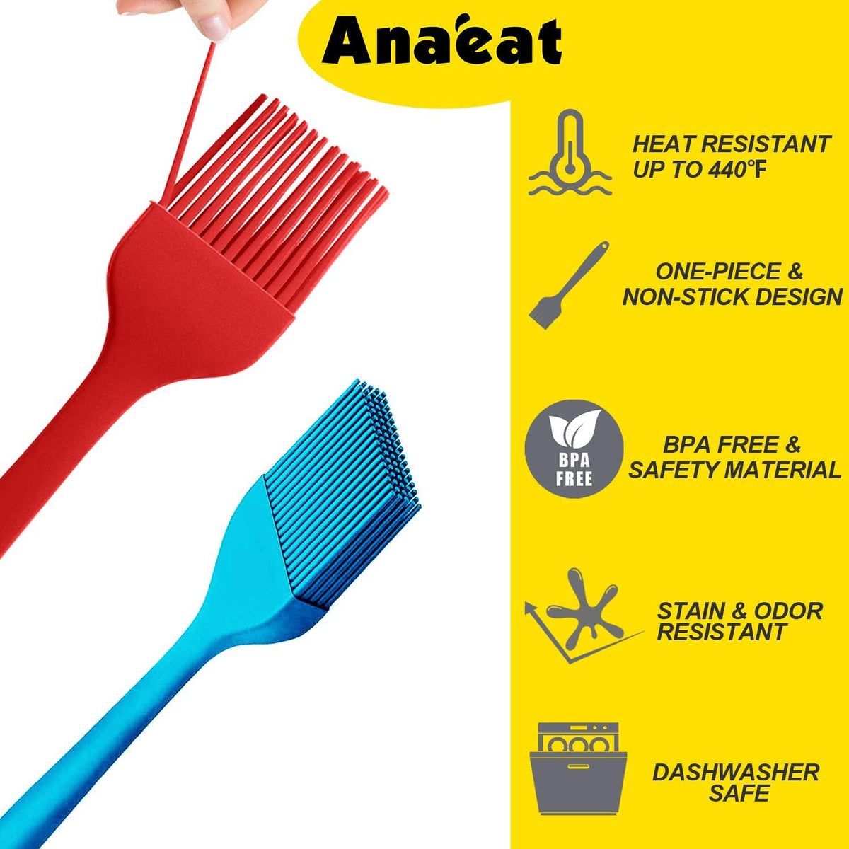 Anaeat High Heat Resistant Silicone Basting Pastry Brush Set of 5- Hygienic One-Pieces Design Spread Oil Butter for BBQ Grill Barbecue Baking Kitchen Cooking - BPA Free & Dishwasher Safe (10"+8.2")