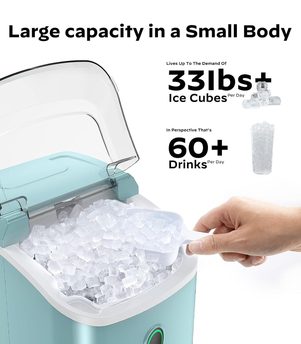 Silonn Nugget Ice Maker Countertop, Portable Pellet Ice Machine with Self-Cleaning Function, Sonic Ice Maker Produces 33lbs of Chewable Ice in 24 Hours, Ideal for Home Kitchen and Office, Green