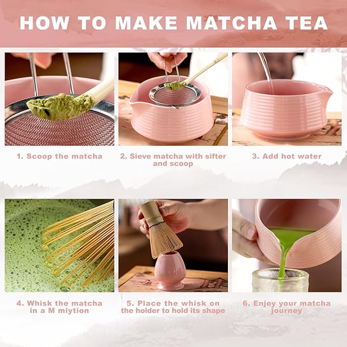 Matcha Whisk Set,Includes Ceramic Matcha Bowl, Bamboo Matcha Whisk and Holder, Bamboo Scoop and Spoon, Scoop Rest, Sifter and Tea Towel,Traditional Japanese Matcha Tea Ceremony Set Gift(pink)