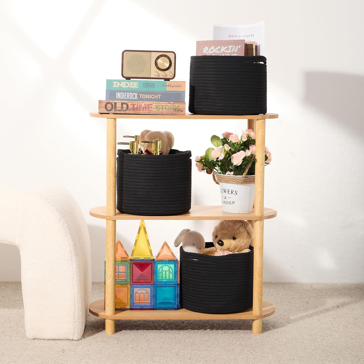 Small Basket for Organizing | Cube Shelf Closet Storage Baskets | 9.7×9.7×7.1” | Woven Rope Gift Basket | Nursery | Round 3 Packs Black
