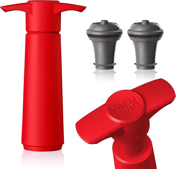 Vacu Vin Wine Saver Pump Red with Vacuum Wine Stopper - Keep Your Wine Fresh for up to 10 Days - 1 Pump 2 Stoppers - Reusable - Made in the Netherlands