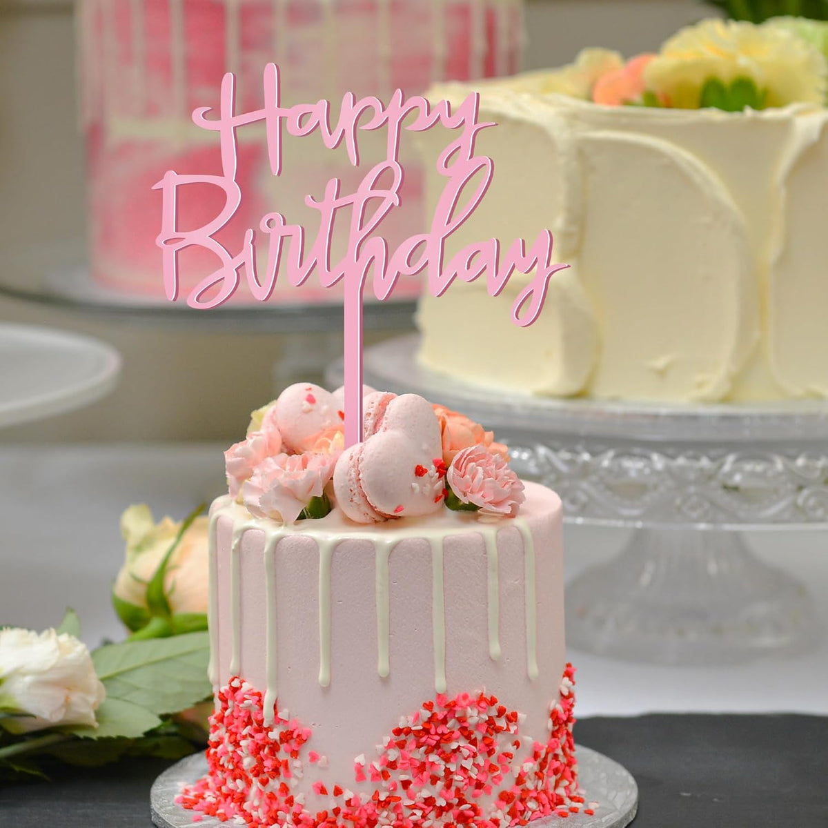 1 PCS Happy Birthday Cake Topper, 4.7 Inches x 5.5 Inches Acrylic Cake Topper, Pink Crisp Lettering Birthday Cake Decorations for Kids, Adults, Dessert, Birthdays Party, Table, Photo Booth