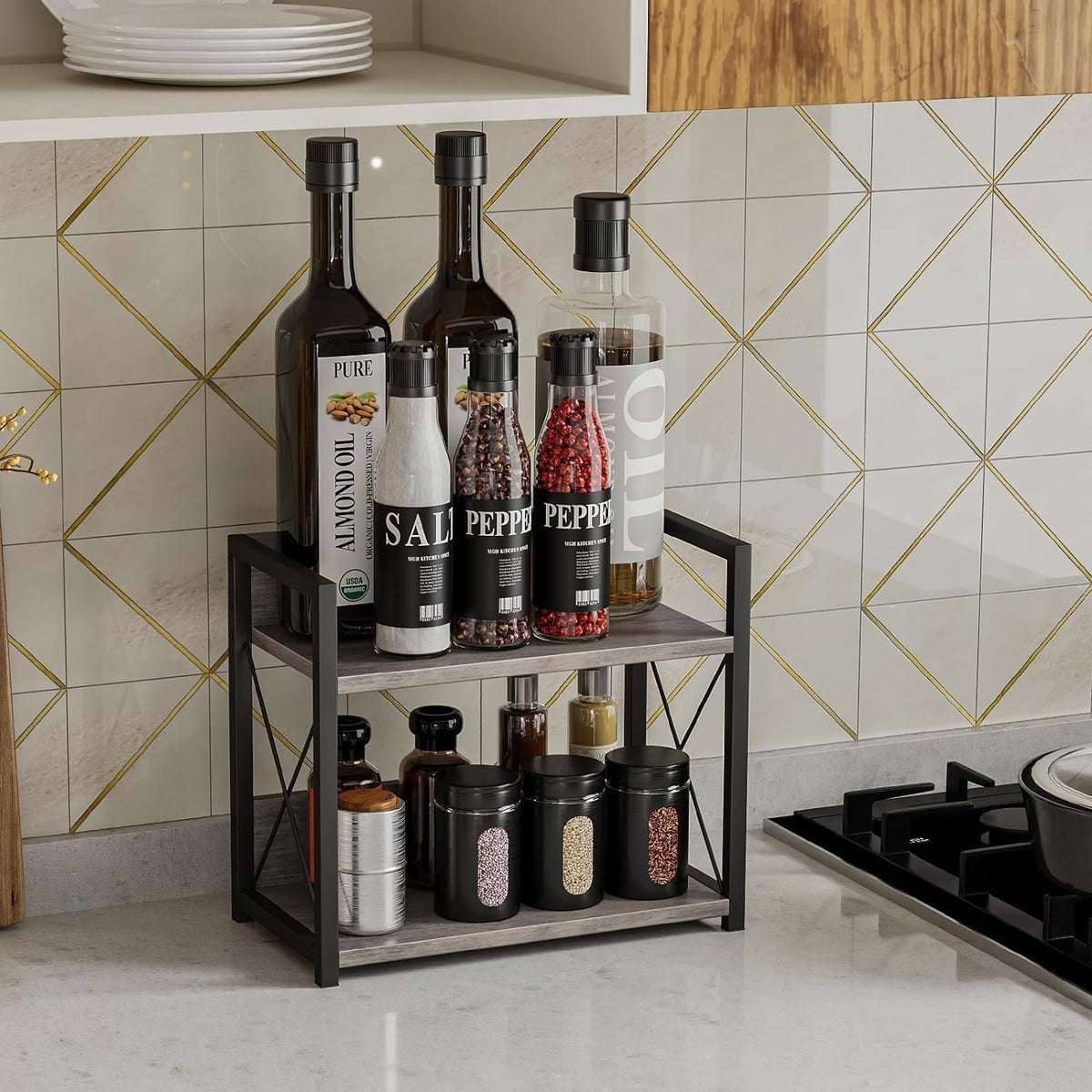 Giikin Countertop Shelf Organizer, 2 Tier Kitchen Spice Rack Organizer for Countertop, Wood Coffee Counter Shelf Organizer for Home (Grey, S)