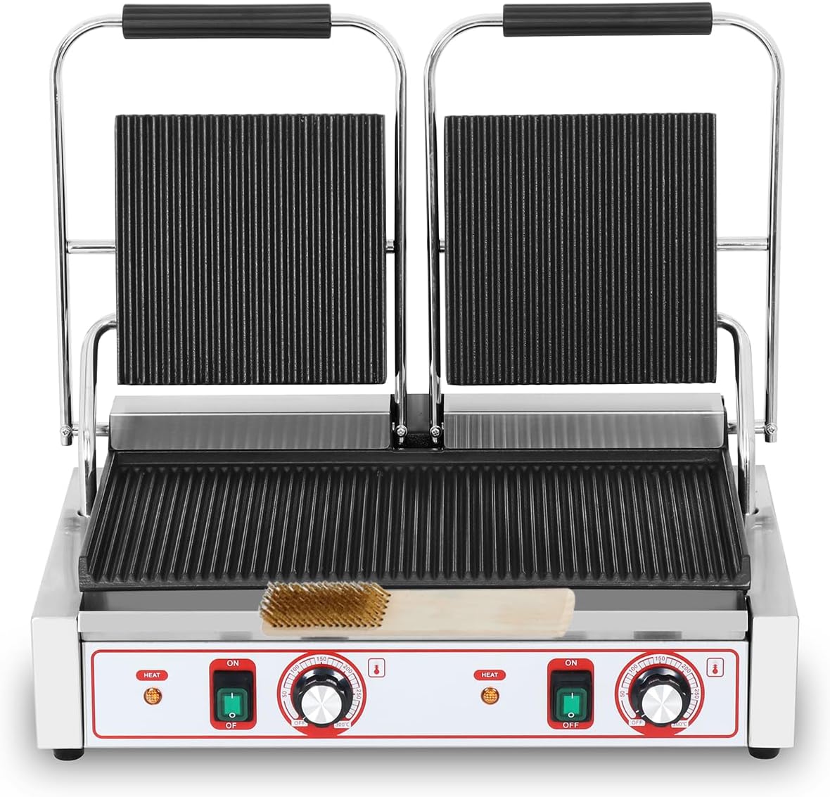 Commercial Panini Grill Grooved Press Sandwich Maker Industrial Panini Machine Single Grill Big (Double Ribbed Panini Press Grill)