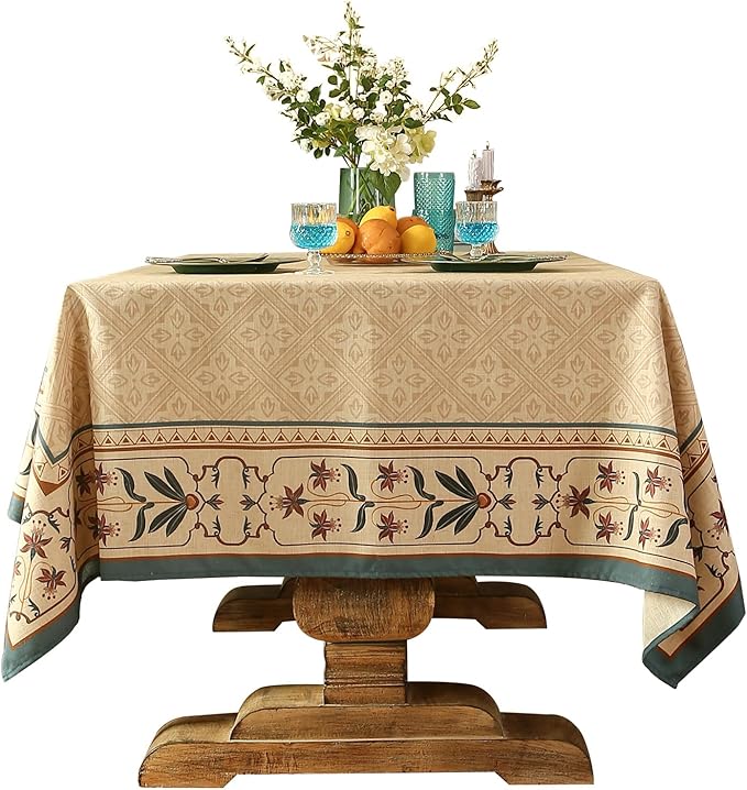 patdrea Designer French Rectangular Tablecloth,Beige Anti-Wrinkle Durable Floral Farmhouse Table Cloth,Decor Tables Covers for Kitchen Dining,Tea Party,Christmas,Thanksgiving,55"x79"-Fram
