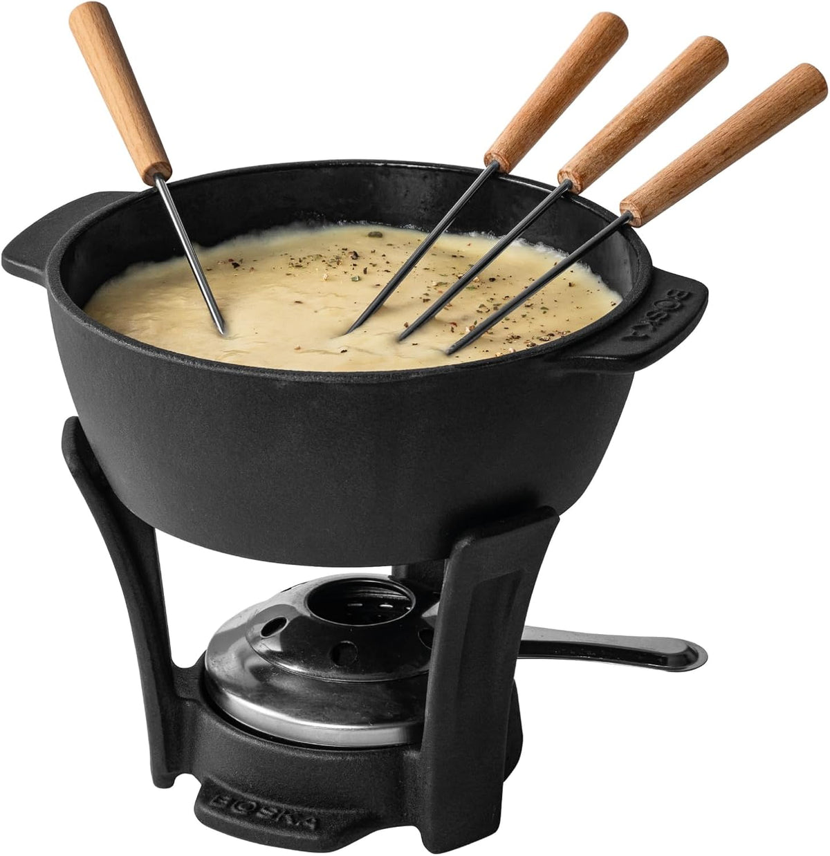 BOSKA Fondue Pot Set Party Pro - Cast Iron Fondue Set - Durable Fondue Pot inc. Burner and 4 Forks - for All Type of Stoves - Cheese Fondue Melts smoothly Every time