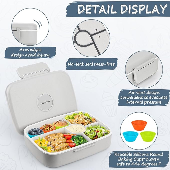 Bento Box Adult Lunch Box, Kid Lunch Box Contaiers for 5 Compartmets, Lunch Containers with 3 Silicone Baking Cups, Leakproof, Dishwasher and Microwave Safe, BPA-Free (Grey)