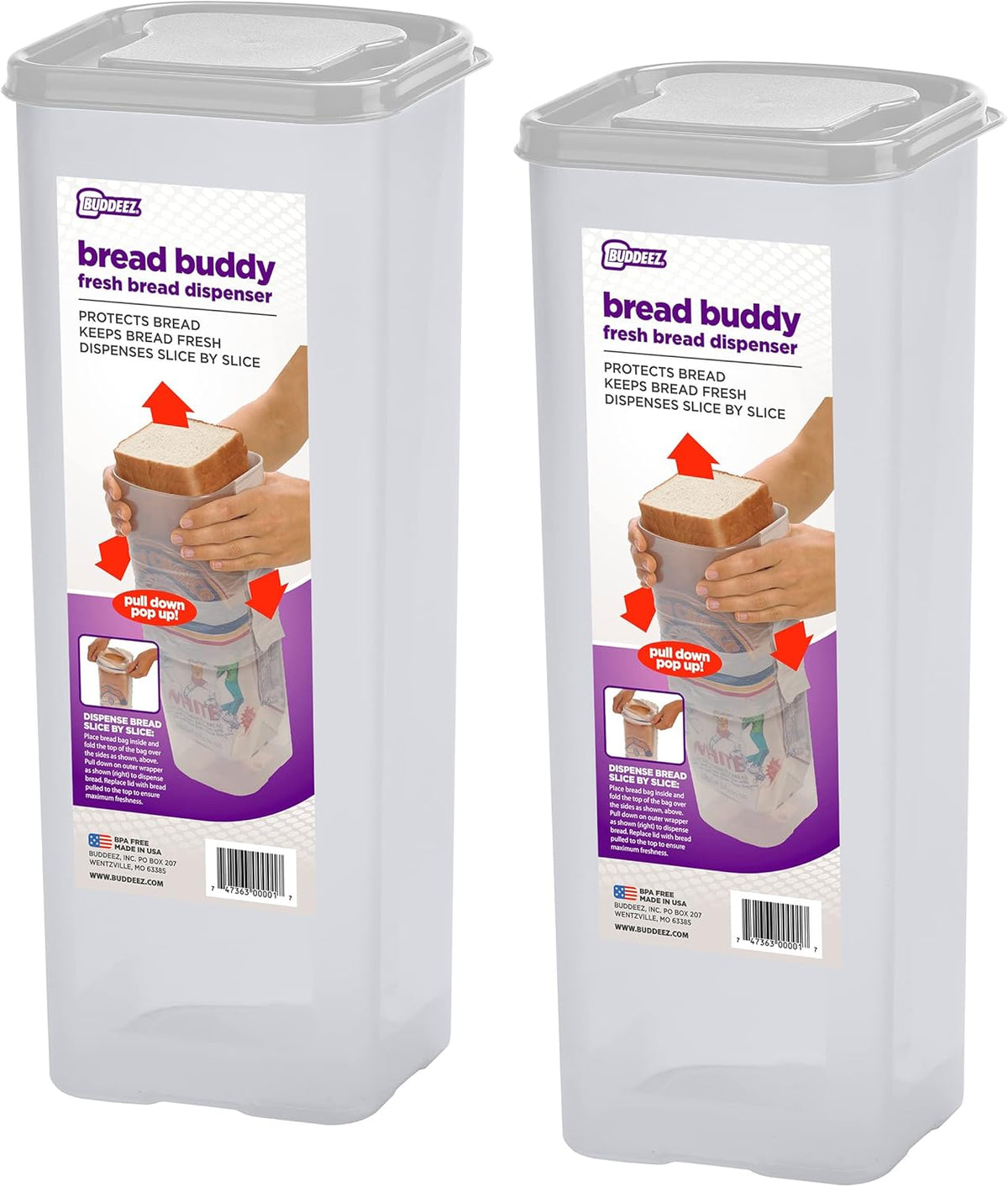Buddeez Bread Buddy Airtight Bread Storage Container- Slice by Slice Dispensing Design - Perfect Pantry Organizer - White Lid Pack of 2