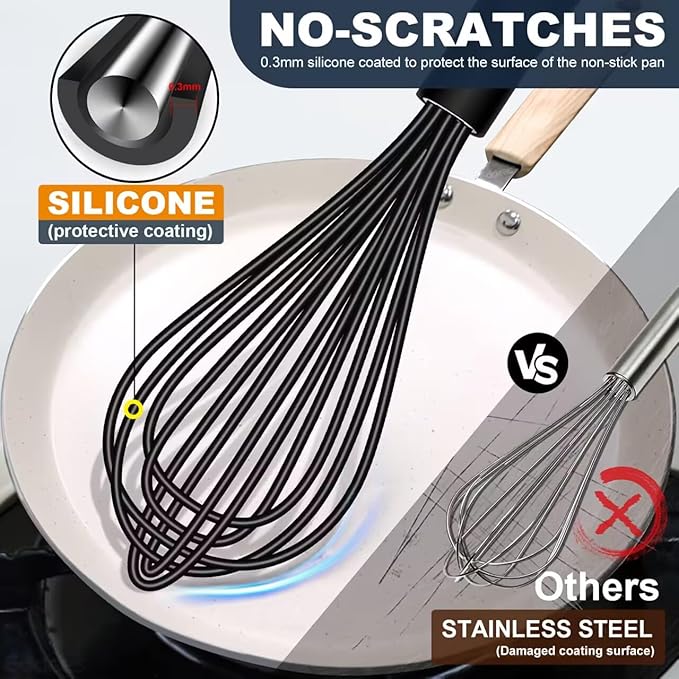 Mini Silicone Whisk, Small Silicone Whisk 7+9in, BPA free Non Scratch Coated Protect your Ceramic Pots and Pan.Perfect for Whisking, Beating, Mixing.Black