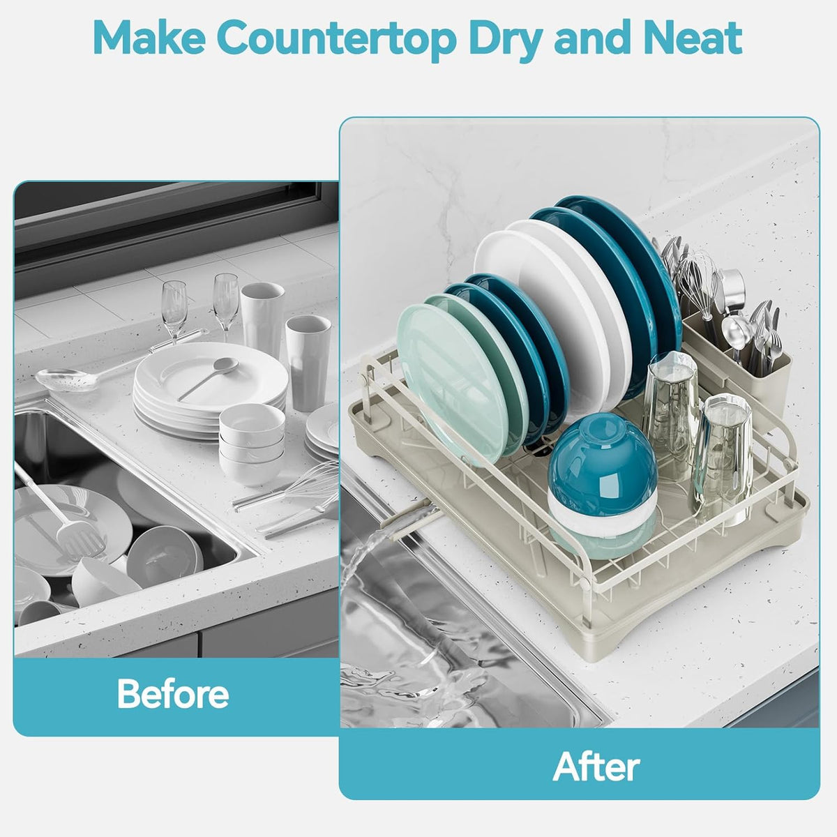 Dish Drying Rack Kitchen - Dish Racks for Kitchen Counter Space-Saving, Dish Drainer with Automatic Drain and Adjustable Spout, Dishwasher Rack with Cutlery Holder, Easy to Install, Grey