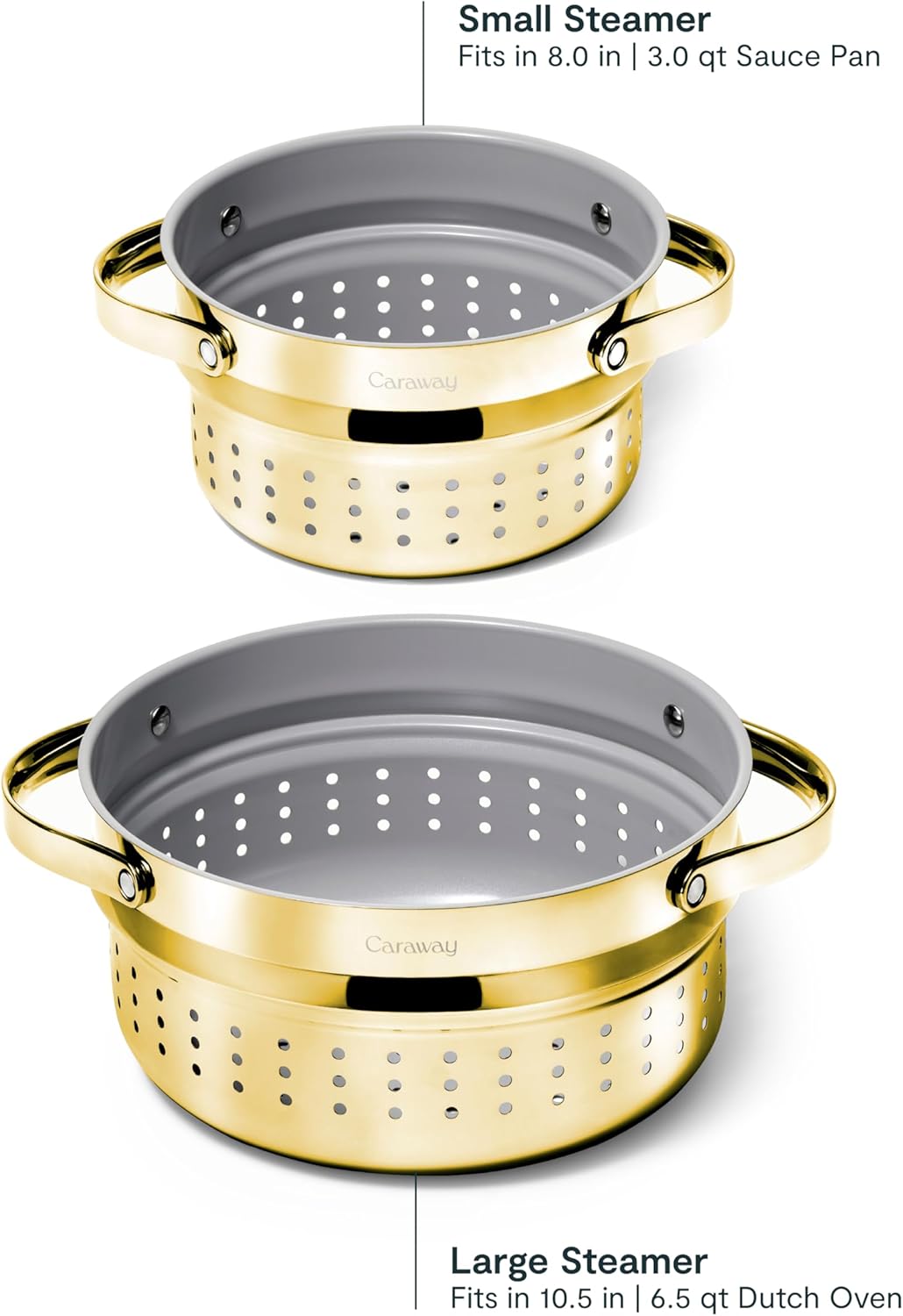 Caraway Steamer - Stainless Steel Steamer with Handles - Non Stick, Non Toxic Coating - Steam Veggies, Seafood, and More - Compatible With Our Dutch Oven or Sauce Pan - Small, 3qt - Gold