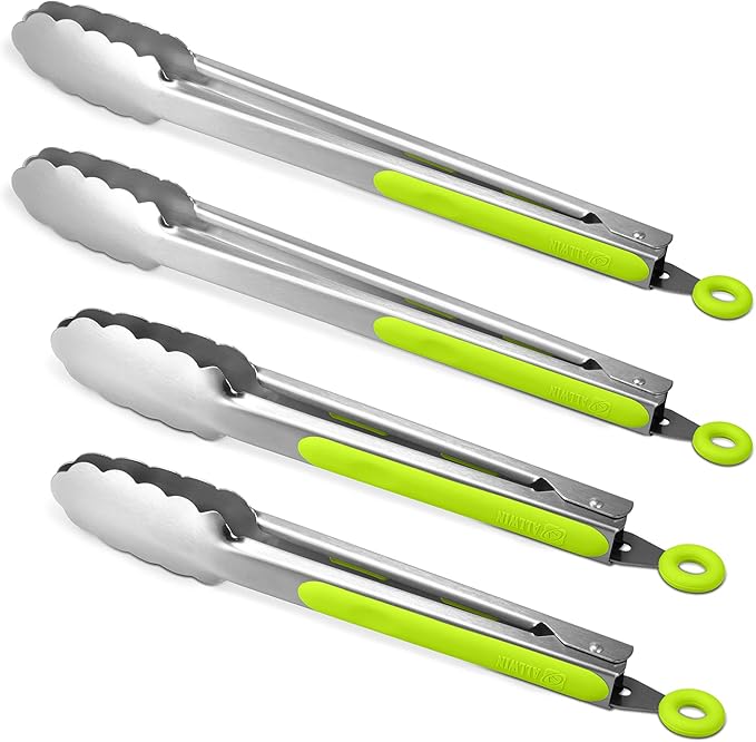 304 Stainless Steel Kitchen Cooking Tongs, 9" and 12" Set of 4 Sturdy Grilling Barbeque Brushed Locking Food Tongs with Ergonomic Grip, Green