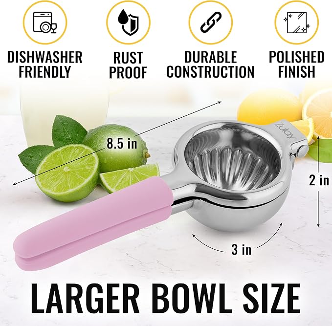 Zulay Kitchen Lemon Squeezer Stainless Steel with Premium Heavy Duty Solid Metal Squeezer Bowl and Food Grade Silicone Handles - Large Manual Citrus Press Juicer and SS Lime Squeezer (Pink)