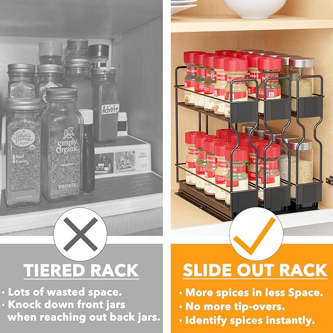 SpaceAid Pull Out Spice Rack Organizer, Heavy Duty Slide Out Seasoning Kitchen Organizer, Cabinet Organizer, with Labels, 7.7" W x10.75 D x10 H, 3 Drawers 2-Tier
