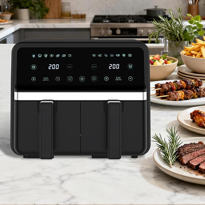 8 Quart Dual Basket Air Fryer - Digital Touchscreen, Smart Sync Finish,Auto Shutoff, 2 Independent 4QT Nonstick Dishwasher-Safe Frying Baskets - Digital Double Air Fryer