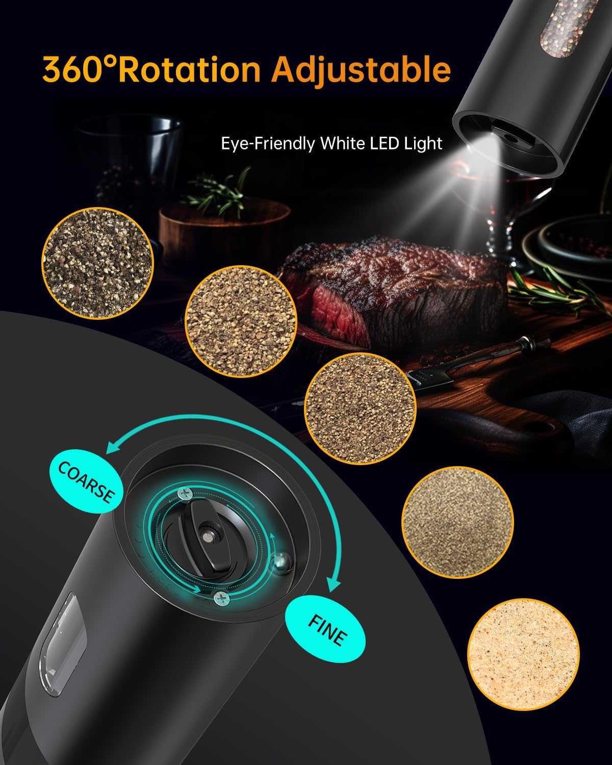 CIRCLE JOY Electric Salt and Pepper Grinder Set Top-Refill Automatic Salt and Pepper Mill Grinder, Battery Operated Adjustable Coarseness, Easy Filling Upgraded Larger Capacity with Led Light