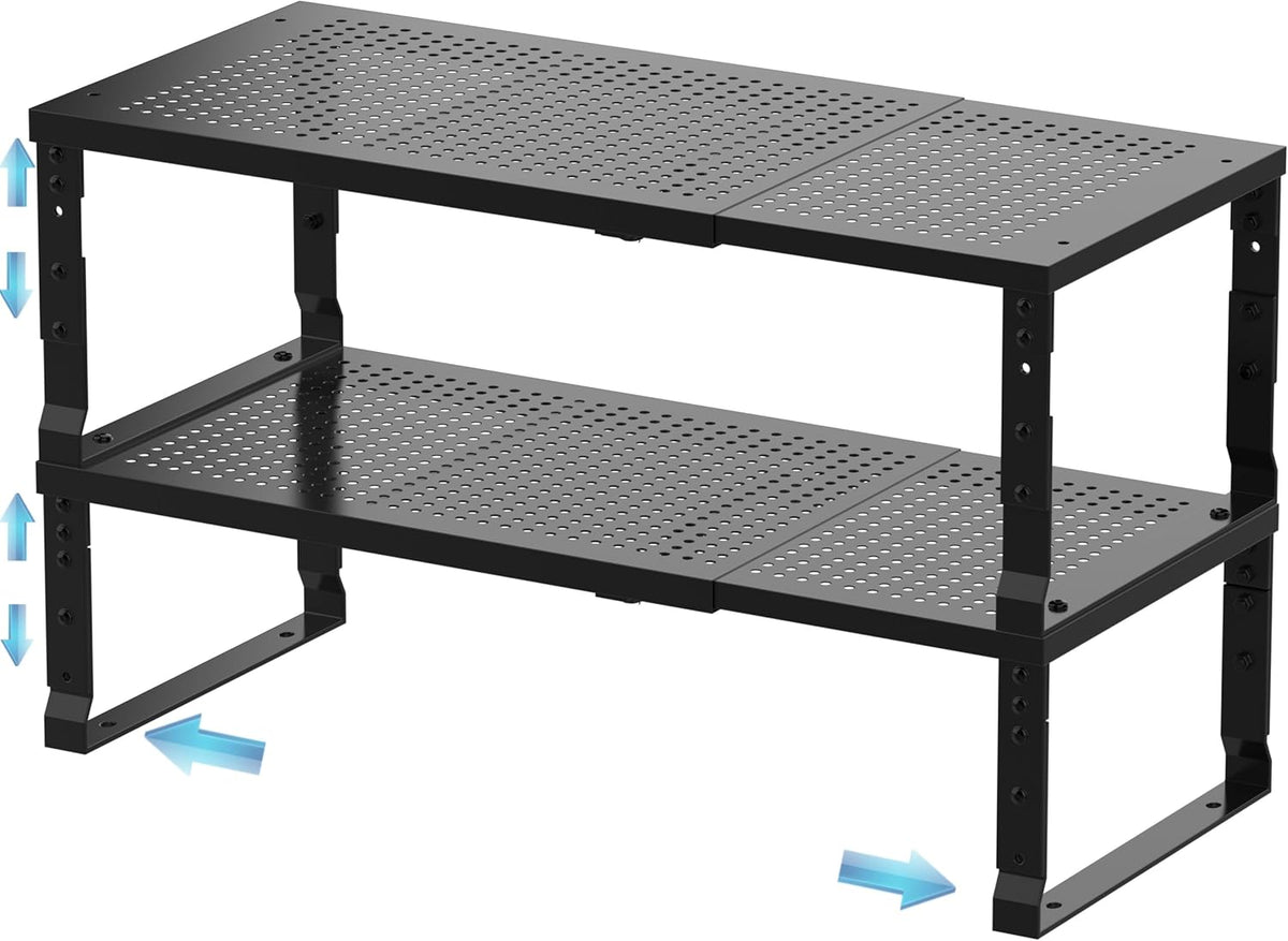 Expandable Spice Rack & Kitchen Cabinet Organizer - Stackable, Adjustable Shelves for Cabinets, Countertops, Cupboards & Pantries(2 Packs/Large/Black)