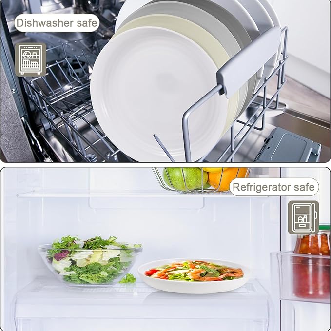 12 Pcs Unbreakable Deep Dinner Plates Set, 10 inch Reusable Plastic Wheat Straw Plates, Microwave and Dishwasher Safe Plate for Kitchen, Lightweight Plate for Dessert, BPA Free, White