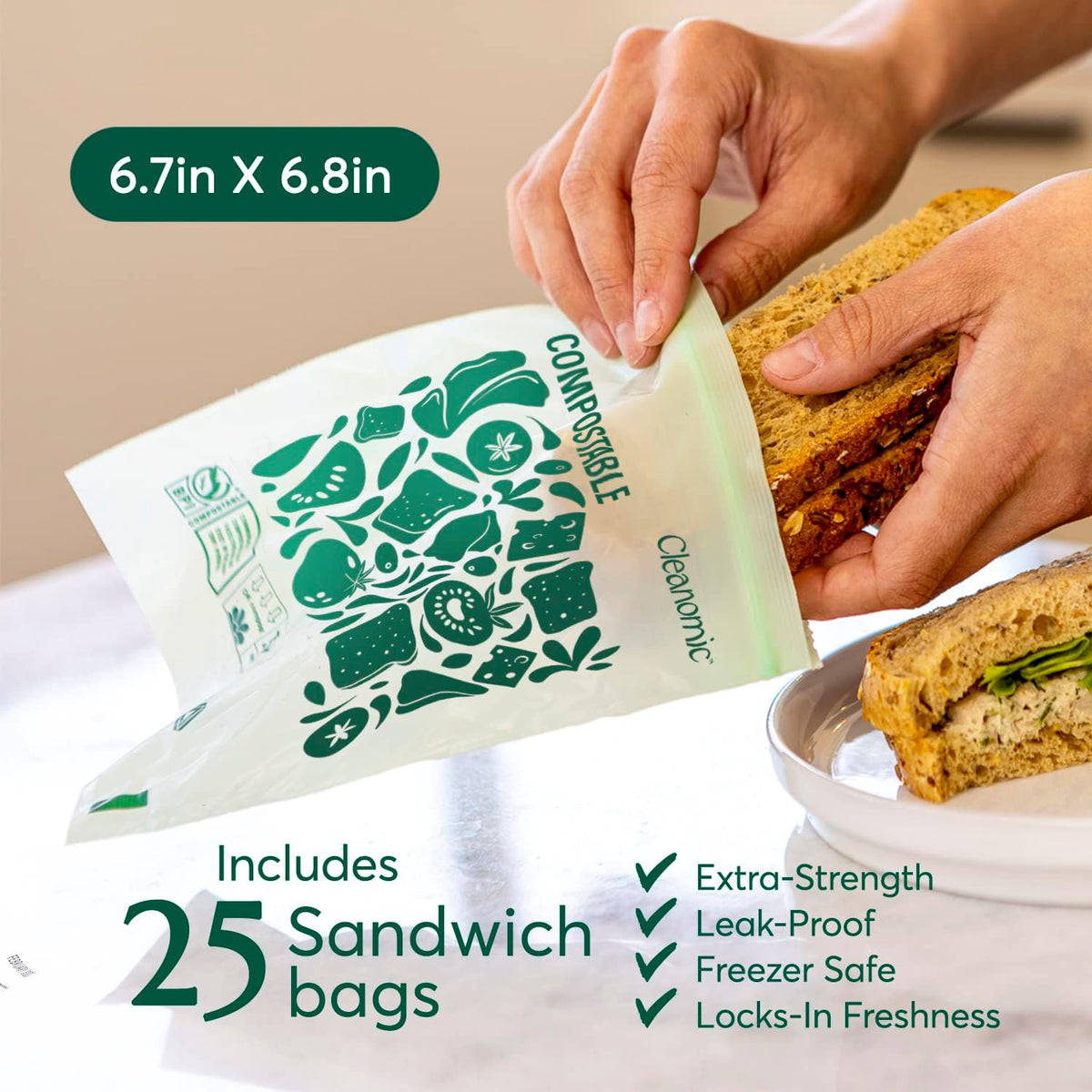 Cleanomic Compostable* Sandwich Size Food Storage Bags (25 Eco Zip) Freezer and Leak Proof, Also Available Gallon, Quart and Snack Size Bags