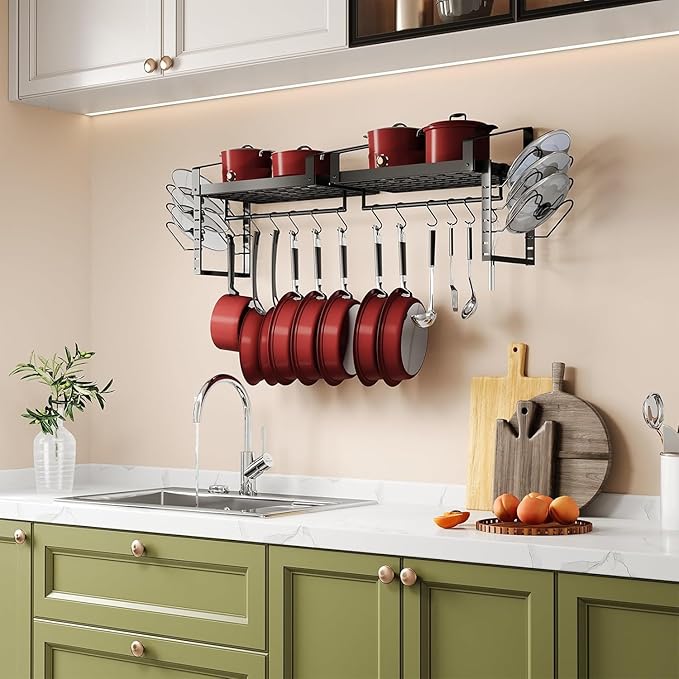 X-cosrack Pot Racks Wall Mounted Set of 2,with Towel Bar and Pots Pans Lids Organizer, Kitchen Cookware Hanging Shelves with 12 Hooks, Black