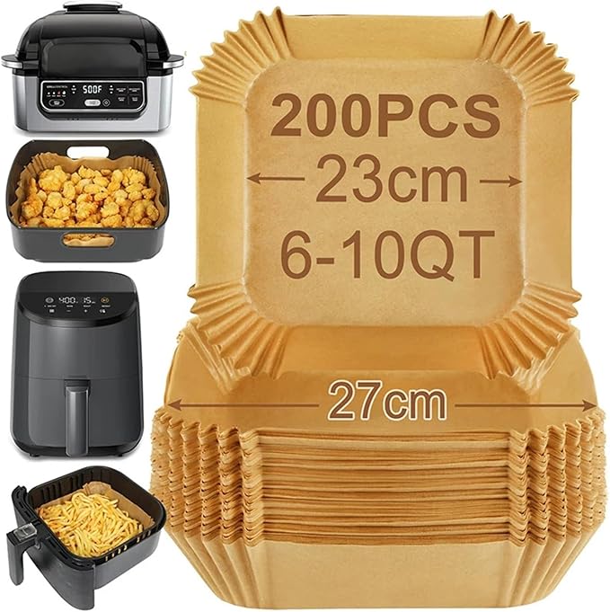 Large Air Fryer Disposable Paper Liners Nonstick 23cm Oven Airfryer Parchment Baking Paper ，Compatible For Ninja，Compatible For COSORI ，Grill Cooking Basket(20cm square,200 Pcs)